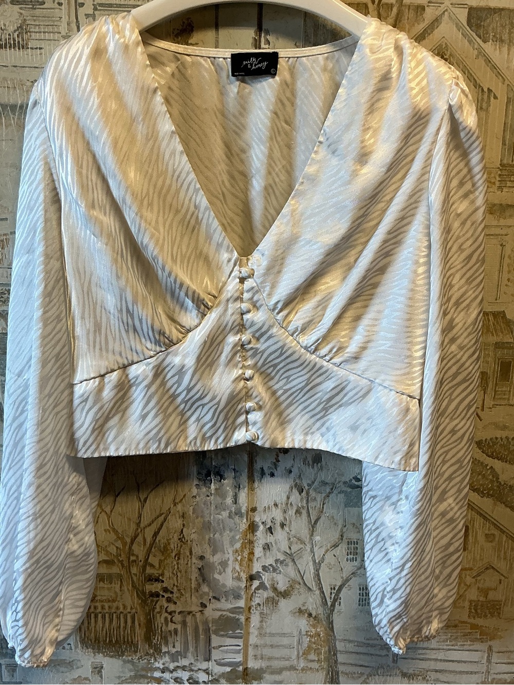 Milk & Honey White Satin Button-Front V-Neck Top